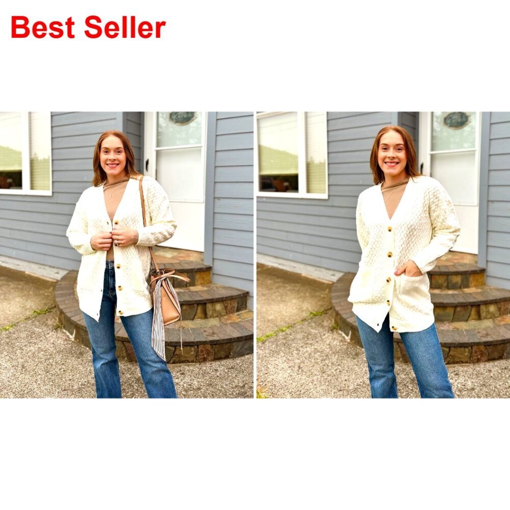 Long Sleeve Cable Knit Cardigan with Pockets Open Front Fall Sweater - Picture 7 of 7